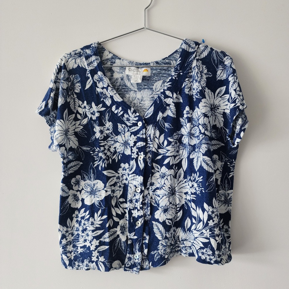 C&C California 100% Linen Button Top Womens Medium Blue Floral Coastal Summer